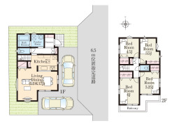 建物プラン例、土地価格2480万円、土地面積113.61m2 4LDK+車庫2台参考プラン
建物金額2080万円(税込)